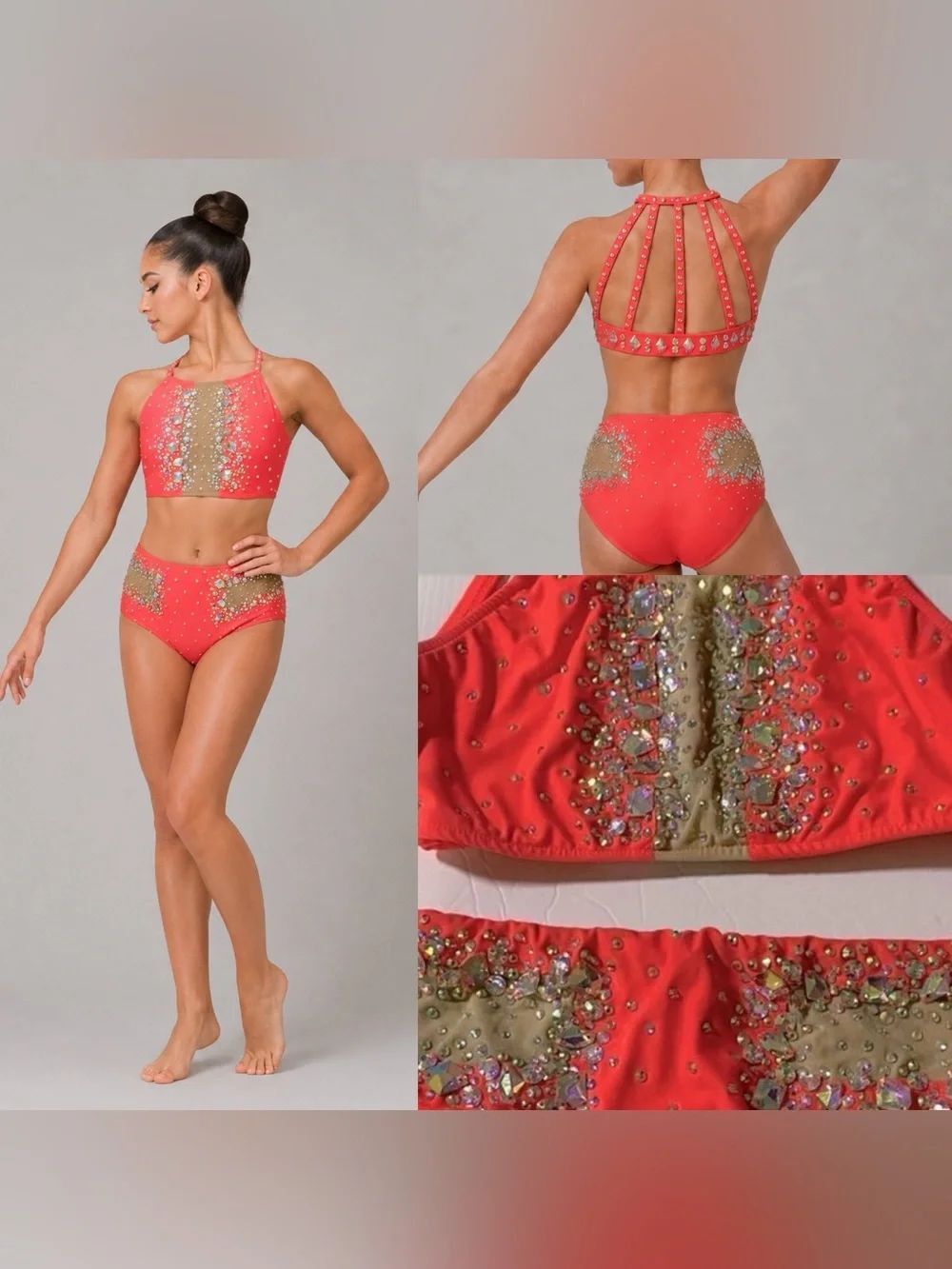 Glamour competition solo dance costume coral 2 piece jazz sassy bling SA adult